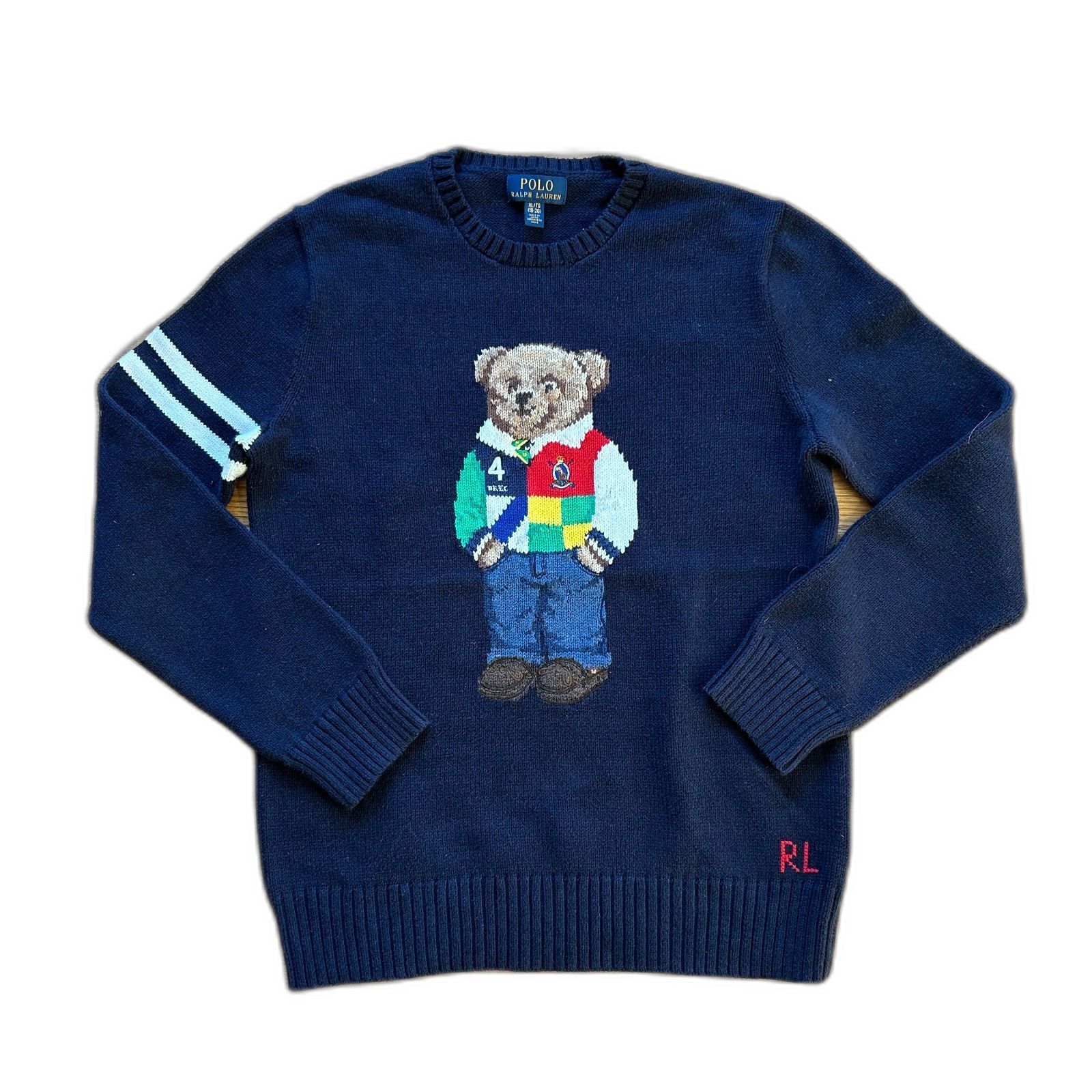 Polo Bear Ralph Lauren Knitted Cotton Crewneck Sweater Navy Youth Sz Xl